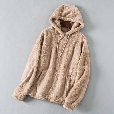 Pliušinis megztinis su gobtuvu ir kišene rožinės, violetinės, juodos, raudonos, smėlio ir rudos spalvos