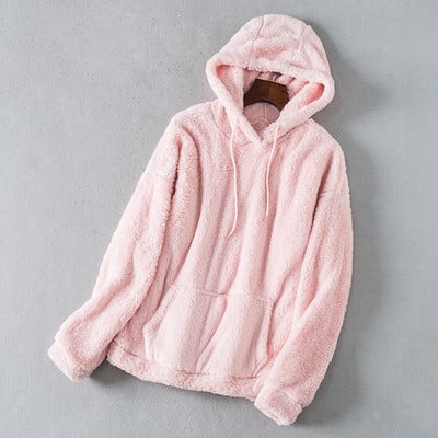 Плюшен пуловер с качулка и джоб в розов, лилав, черен, червен, бежов и кафяв цвят