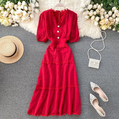 Модерна дамска дълга рокля с шпиц деколте и дантела в жълт,бял,червен,розов и зелен цвят