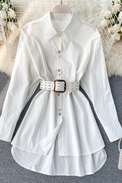 Модерна дамска риза с колан и класическа яка асиметричен модел в бял,черен,лилав и розов цвят