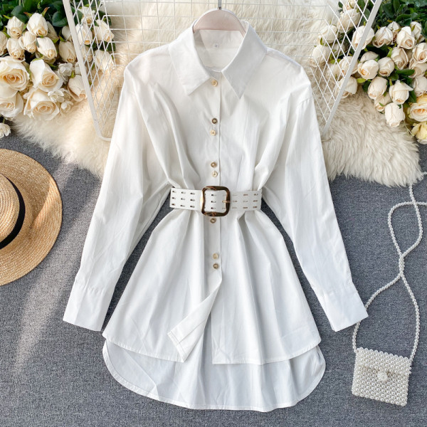 Модерна дамска риза с колан и класическа яка асиметричен модел в бял,черен,лилав и розов цвят