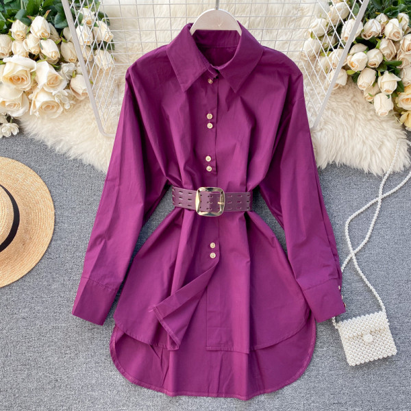 Модерна дамска риза с колан и класическа яка асиметричен модел в бял,черен,лилав и розов цвят