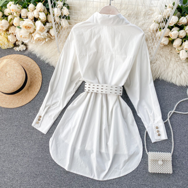 Модерна дамска риза с колан и класическа яка асиметричен модел в бял,черен,лилав и розов цвят