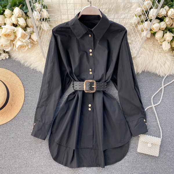 Модерна дамска риза с колан и класическа яка асиметричен модел в бял,черен,лилав и розов цвят