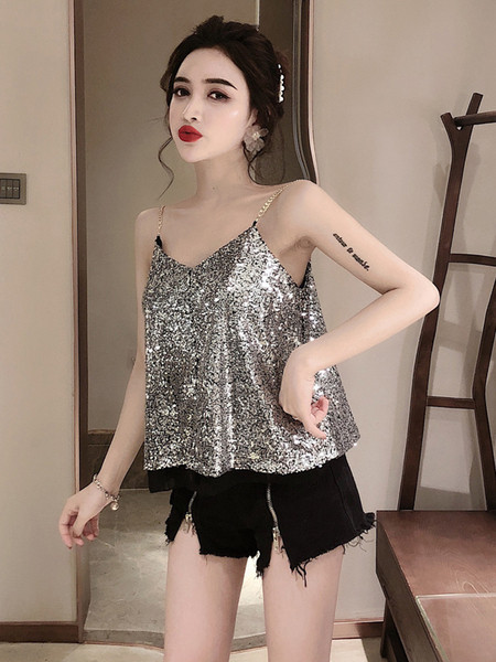 Широк елегантен потник с пайети и тънки метални презрамки в сребрист и черен цвят