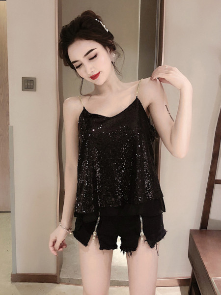 Широк елегантен потник с пайети и тънки метални презрамки в сребрист и черен цвят