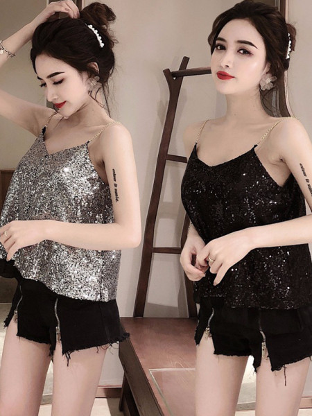 Широк елегантен потник с пайети и тънки метални презрамки в сребрист и черен цвят