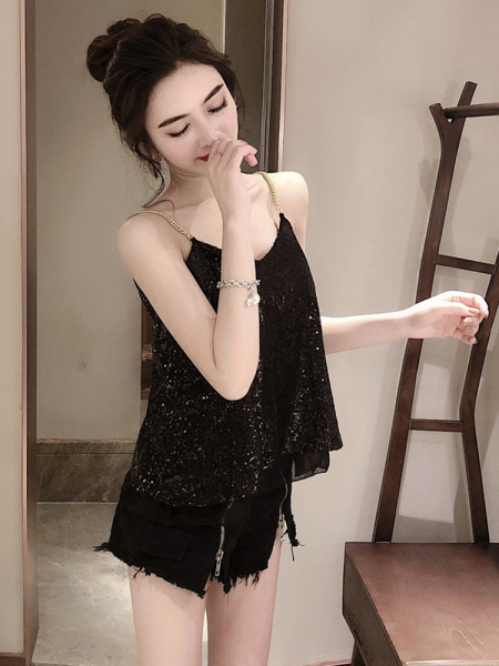 Широк елегантен потник с пайети и тънки метални презрамки в сребрист и черен цвят