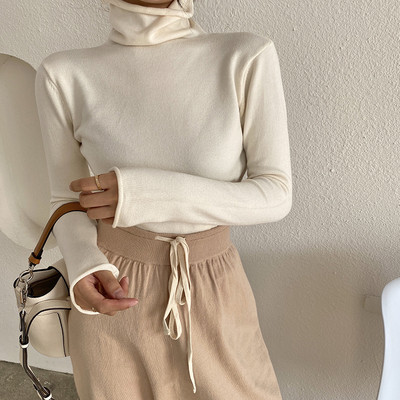 Модерен дамски пуловер с висока яка - втален модел в кафяв, бял, бежов, черен, син и горчица цвят