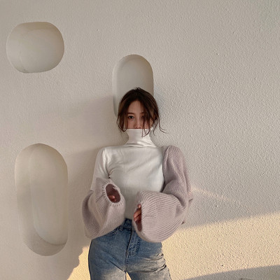 Модерен дамски пуловер с висока яка - втален модел в кафяв, бял, бежов, черен, син и горчица цвят