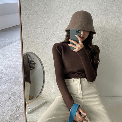 Модерен дамски пуловер с висока яка - втален модел в кафяв, бял, бежов, черен, син и горчица цвят