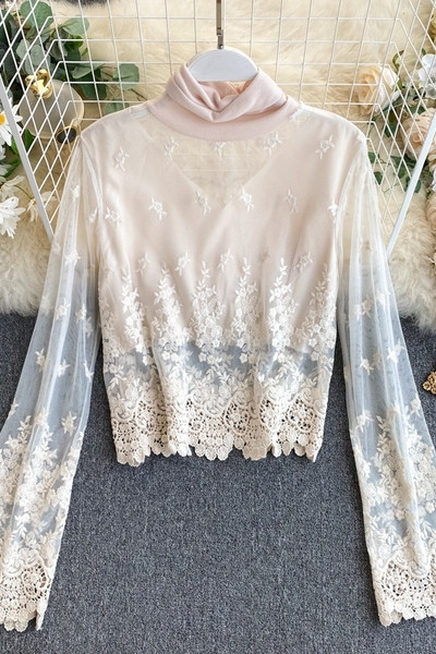Модерна дамска дантелена блуза с висока яка и бродерия в няколко цвята
