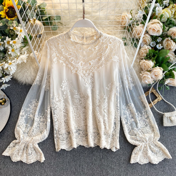 Модерна дамска дантелена риза с бродерия и овално деколте в бял,бежов и розов цвят