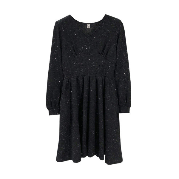 Нов модел пролетна къса рокля разкроен модел с V-образно деколте и висока талия в черен цвят