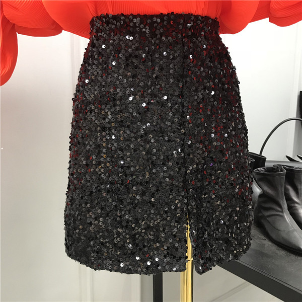 Модерна дамска лъскава пола с висока талия и пайети