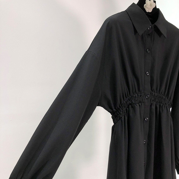 Нов модел пролетна рокля с класическа яка и ластична талия в черен цвят