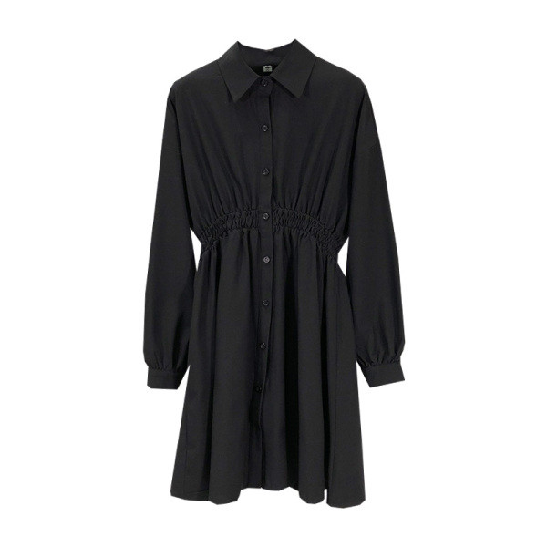 Нов модел пролетна рокля с класическа яка и ластична талия в черен цвят