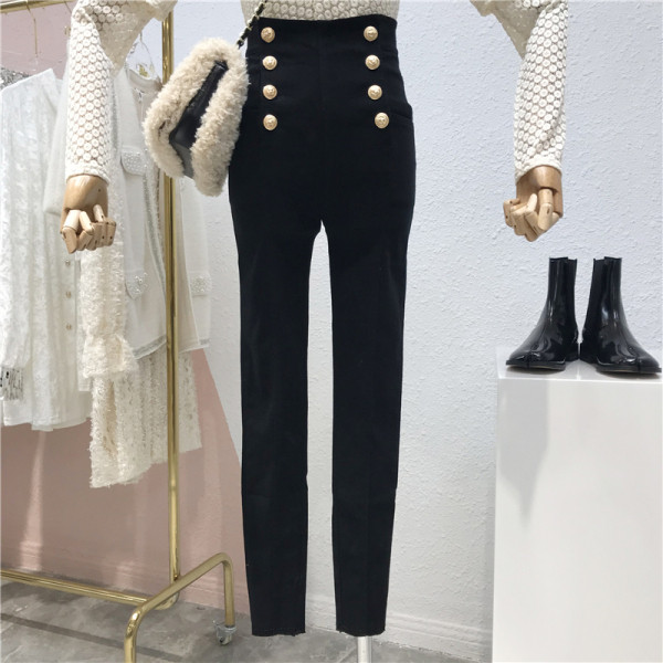 Ελαστικό γυναικείο παντελόνι με ψηλή  μέσης με χρυσά κουμπιά - Λεπτό μοτίβο