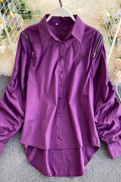 Модерна дамска риза с плисирани ръкави и класическа яка - асиметричен модел