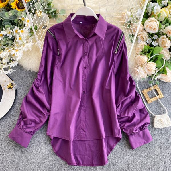 Модерна дамска риза с плисирани ръкави и класическа яка - асиметричен модел