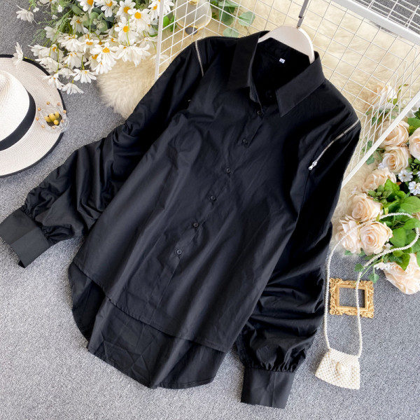 Модерна дамска риза с плисирани ръкави и класическа яка - асиметричен модел