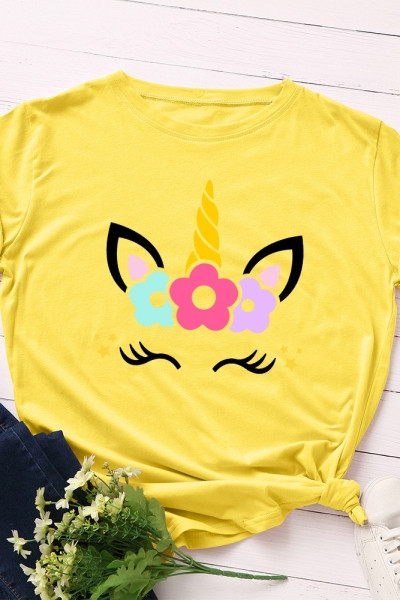 Γυναικεία T-shirt με έγχρωμη εφαρμογή και στρογγυλό ντεκολτέ σε κίτρινο, ελάφι, μπλε, λευκό και γκρι χρώμα