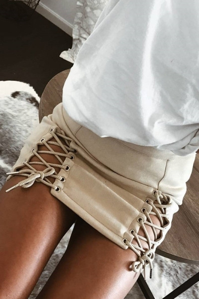 Модерна дамска велурена пола с висока талия и връзки в седем цвята 