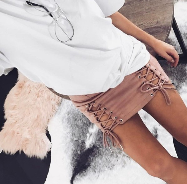 Модерна дамска велурена пола с висока талия и връзки в седем цвята 