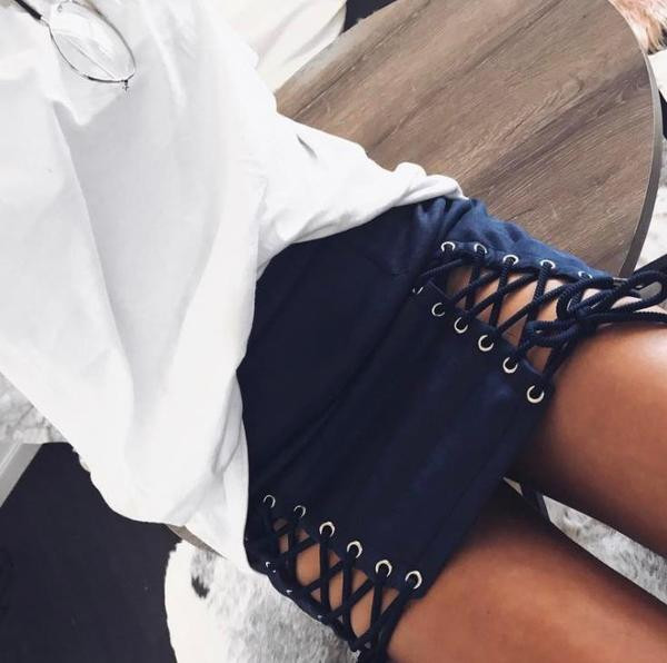 Модерна дамска велурена пола с висока талия и връзки в седем цвята 