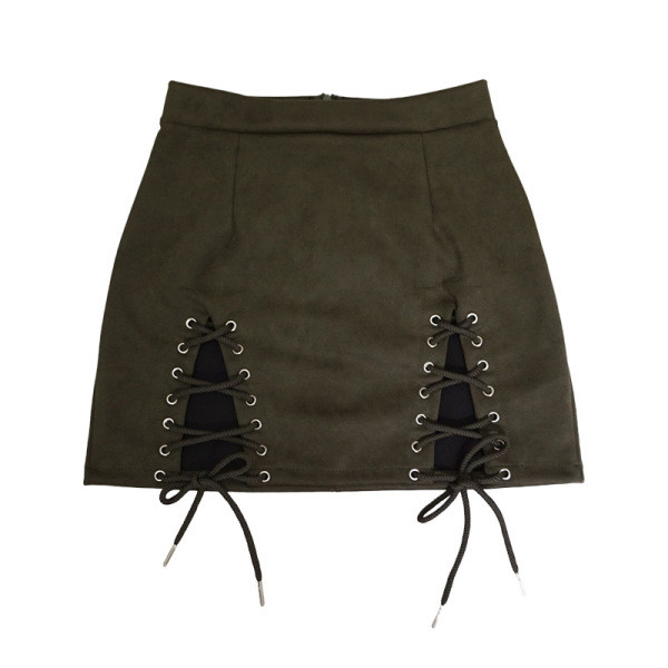 Модерна дамска велурена пола с висока талия и връзки в седем цвята 