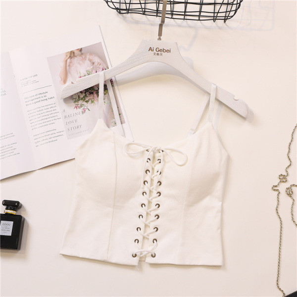 Модерен дамски потник с тънки презрамки и връзки в бял, черен и кафяв цвят