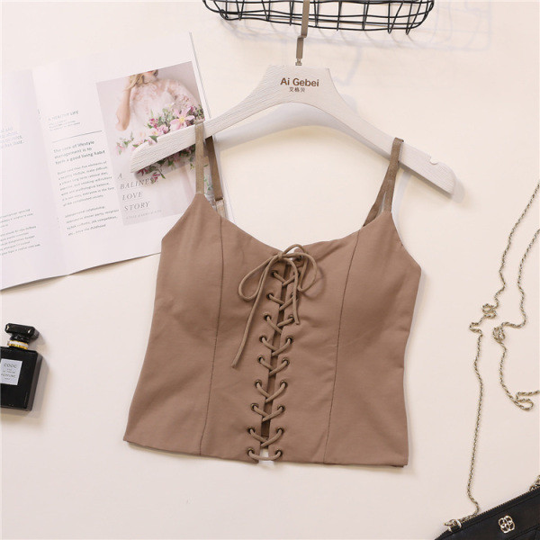 Модерен дамски потник с тънки презрамки и връзки в бял, черен и кафяв цвят