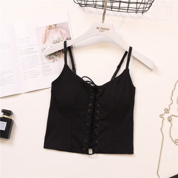 Модерен дамски потник с тънки презрамки и връзки в бял, черен и кафяв цвят