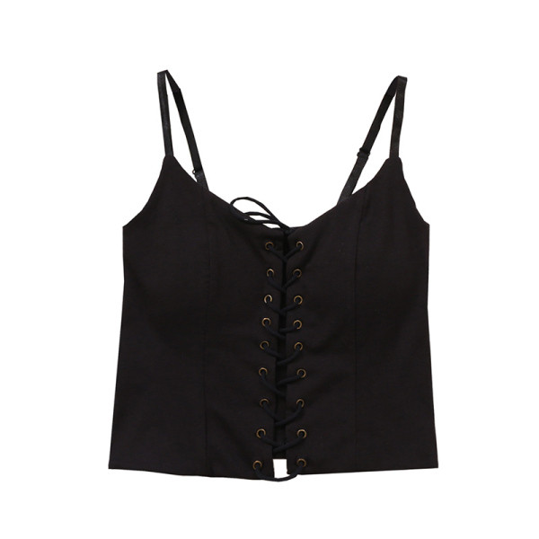 Модерен дамски потник с тънки презрамки и връзки в бял, черен и кафяв цвят