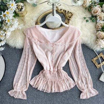 Модерна дамска риза дантела и шпиц деколте в четири цвята