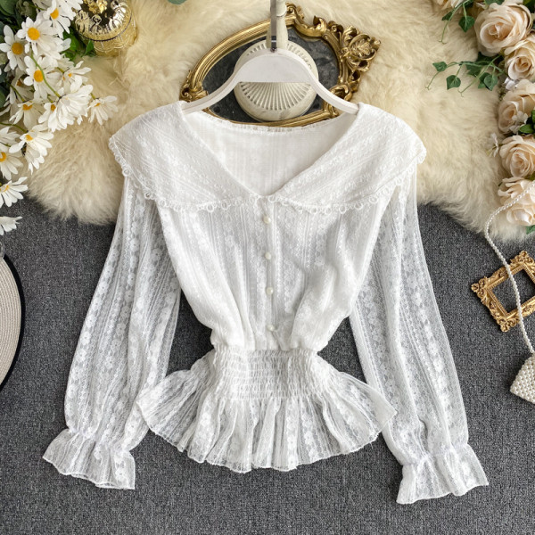 Модерна дамска риза дантела и шпиц деколте в четири цвята