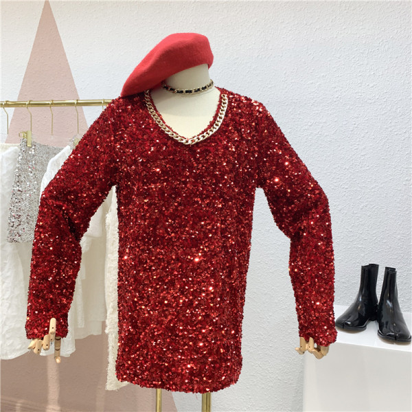 Γυναικείο πουλόβερ με  γυαλιστερό εφε  με πούλιες και μεταλλικό ντεκολτέ σε τρία χρώματα