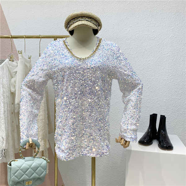 Γυναικείο πουλόβερ με  γυαλιστερό εφε  με πούλιες και μεταλλικό ντεκολτέ σε τρία χρώματα