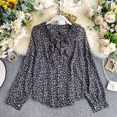 Стилна дамска риза от шифон с флорален десен и дълъг ръкав