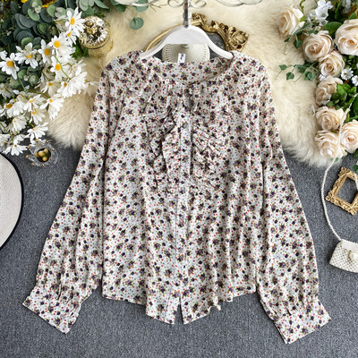 Стилна дамска риза от шифон с флорален десен и дълъг ръкав