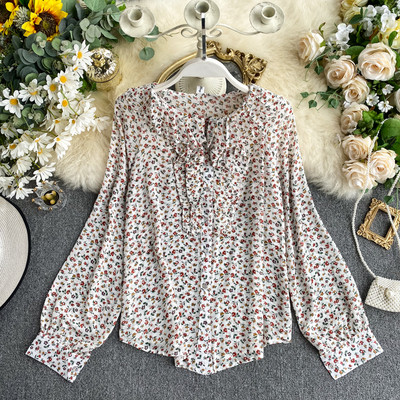 Стилна дамска риза от шифон с флорален десен и дълъг ръкав