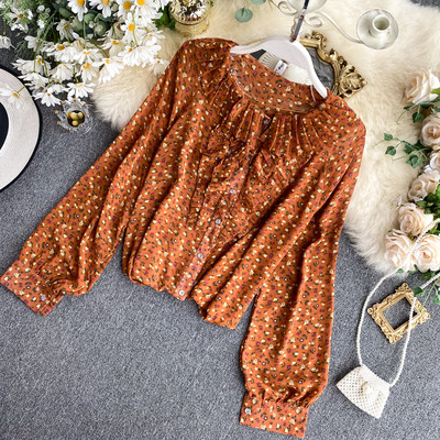 Стилна дамска риза от шифон с флорален десен и дълъг ръкав