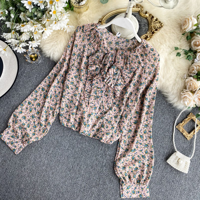 Стилна дамска риза от шифон с флорален десен и дълъг ръкав