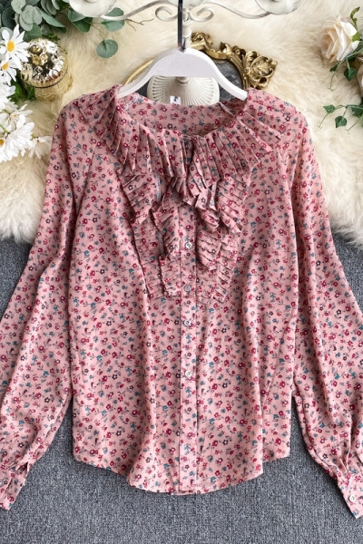Стилна дамска риза от шифон с флорален десен и дълъг ръкав