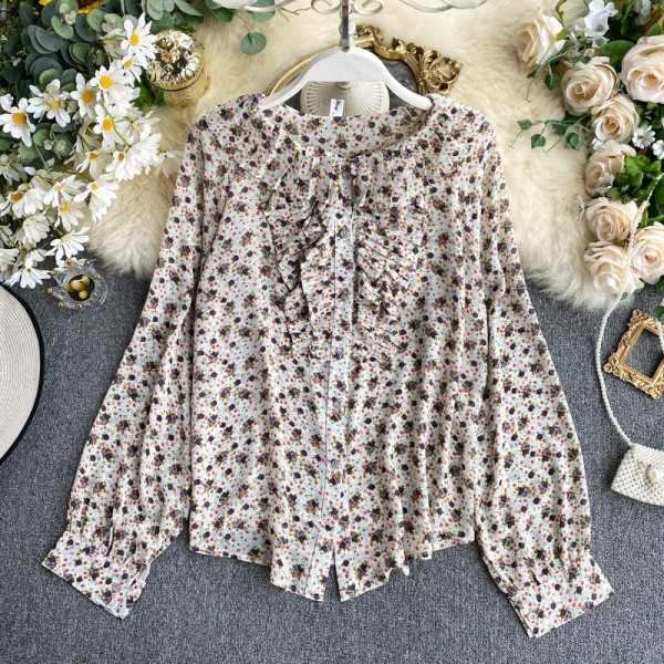 Стилна дамска риза от шифон с флорален десен и дълъг ръкав