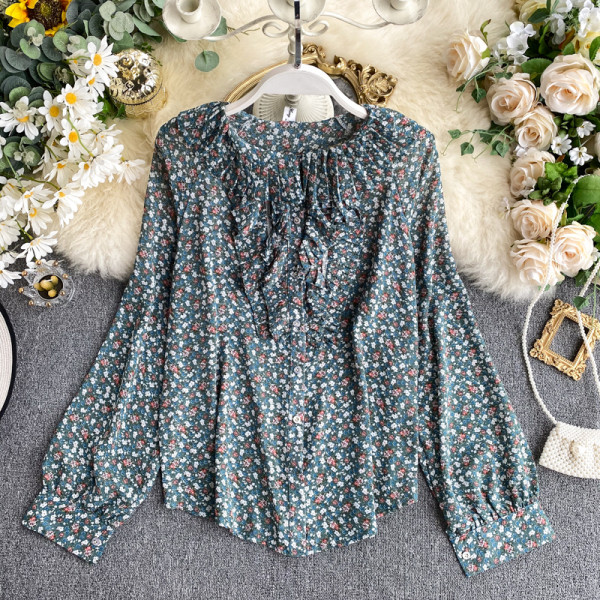 Стилна дамска риза от шифон с флорален десен и дълъг ръкав