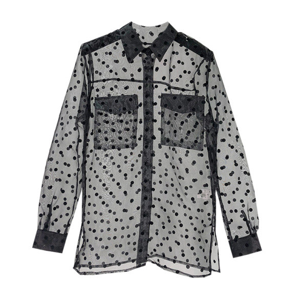 Тънка прозрачна риза от тюл с джобове и колан в черен цвят