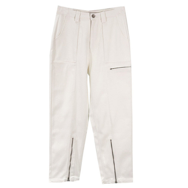 Дамски широк панталон с висока талия и джобове с цип в бял цвят