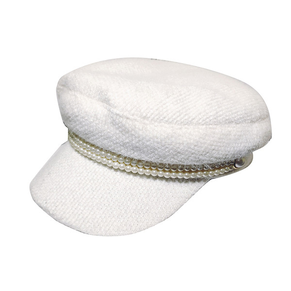 Trijų spalvų žieminė pliušinė moteriška kepurė su perlų apdaila