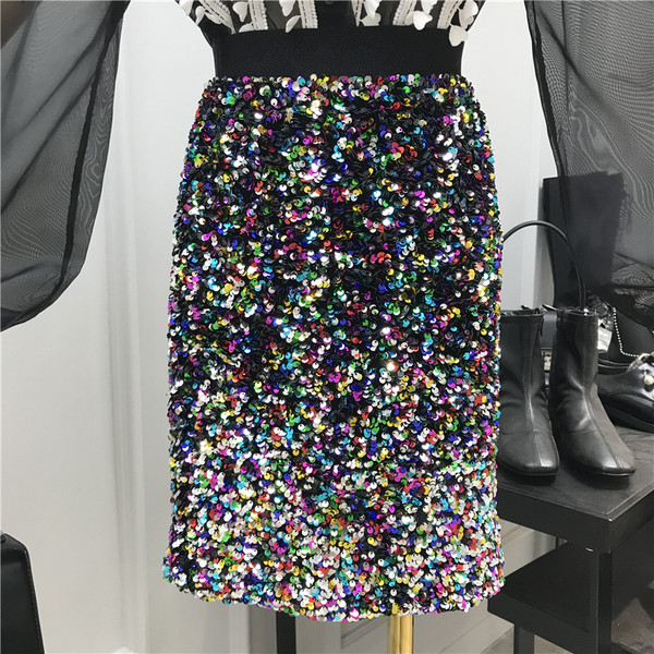 Актуална дамска лъскава пола с висока талия и пайети в различни цветове